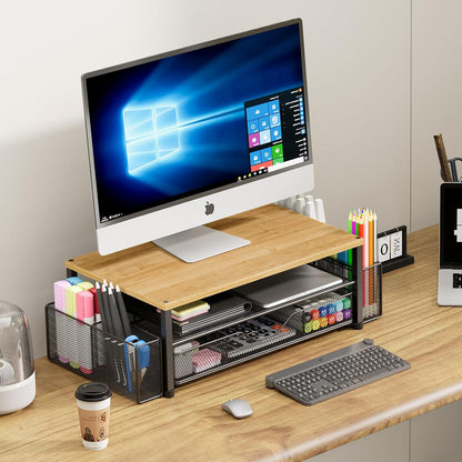 OPNICE Desk Organizers and Accessories, Computer Monitor Stand Riser with Drawer and 2 Pen Holders, Printer & Laptop Stand, Office Desk Accessories & Workspace Organizers for Home Office Supplies, Black