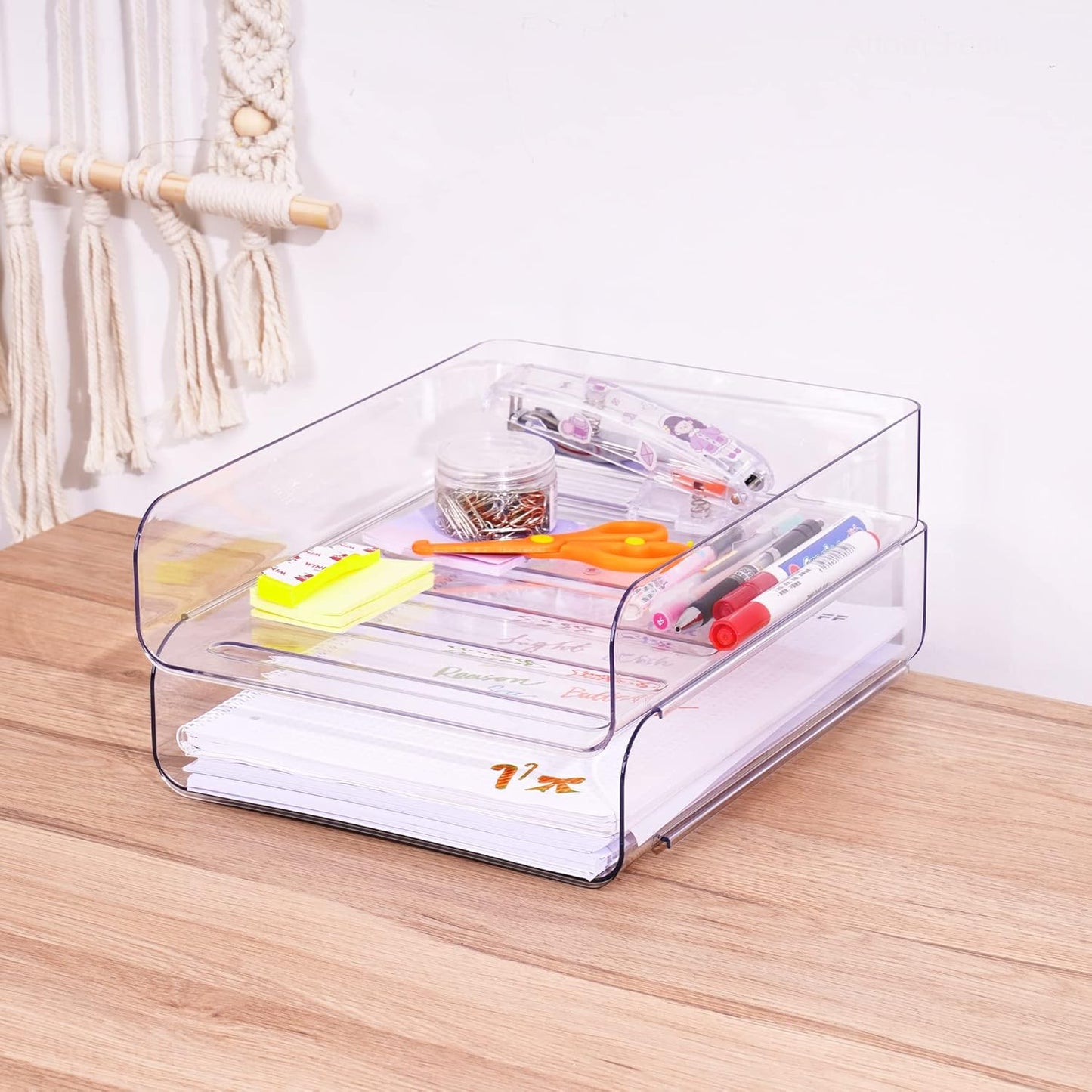 Tomorotec Desk Letter Tray Set, A4 Size Clear PET Stackable Document Organizer Office Desktop File Paper Holder Book Storage Rack Side Load Anti-Skid Stacking Support Convex Bottom (2X Landscape)