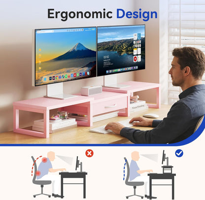 Dual Monitor Stand Riser, Desk Organizers and Accessories with Drawer, Computer Monitor Stands for Desk, Adjustable Desktop Shelf for PC Laptop Printer TV, Black