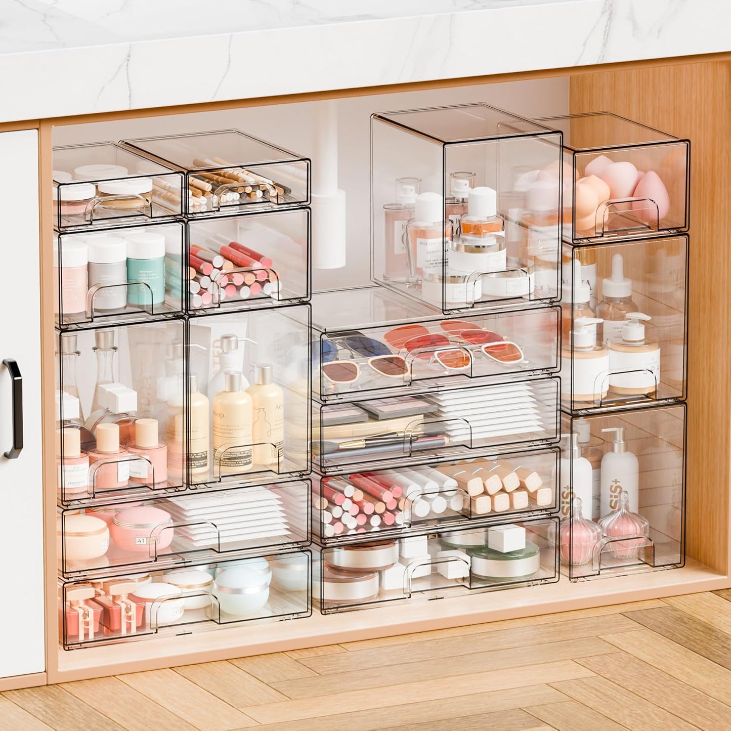 Yieach Clear Stackable Storage Drawers - Set of 6 - Acrylic Drawers,Bathroom Organizer Bin and Plastic Makeup Organizer,Clear Stacking Brightroom Storage Boxes for Vanity,Cabinet,Pantry Organization