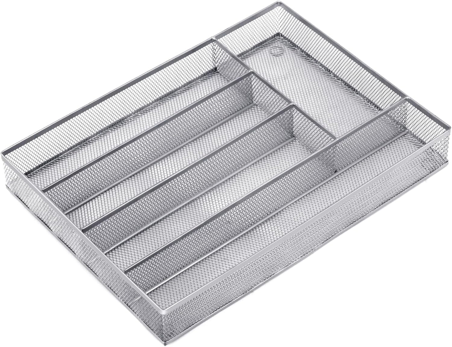 Neudeco Drawer Organizer Set 6 Pack - 5-Compartment Silverware Organizer Tray + 5 Utensil Trays, Kitchen Drawer Organizer for Flatware, Cutlery, Office Supplies, Black Mesh, Non-Slip.