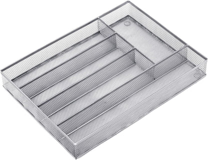 Neudeco Drawer Organizer Set 6 Pack - 5-Compartment Silverware Organizer Tray + 5 Utensil Trays, Kitchen Drawer Organizer for Flatware, Cutlery, Office Supplies, Black Mesh, Non-Slip.