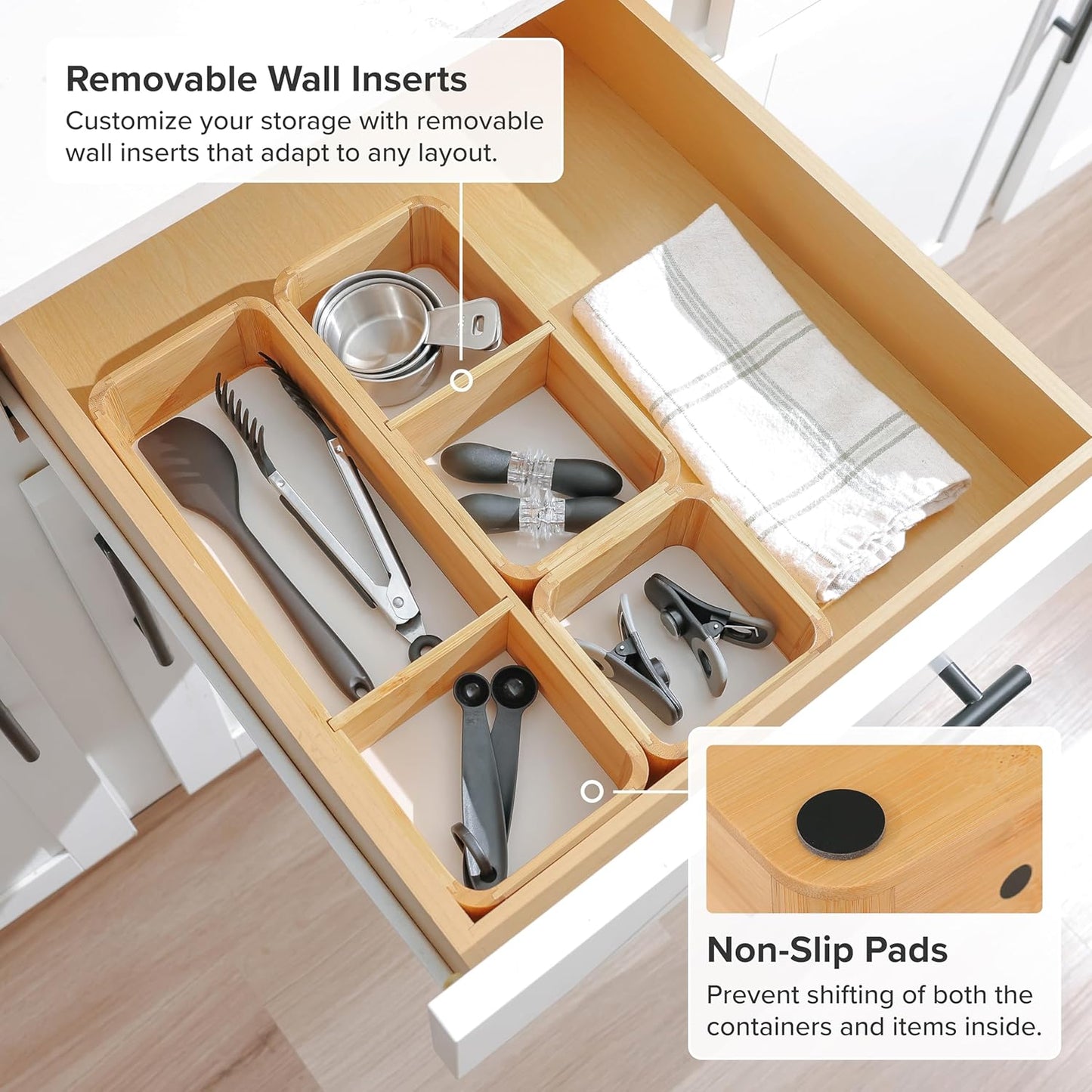 Modular Drawer Organizer Set – Kitchen Edge Storage with 3 Containers & 5 Compartments, Magnetic with Removable Inserts, Stackable, Rubber Liners & Non-Slip Base, 9in x 13.5in x 2.4in, 100% Bamboo