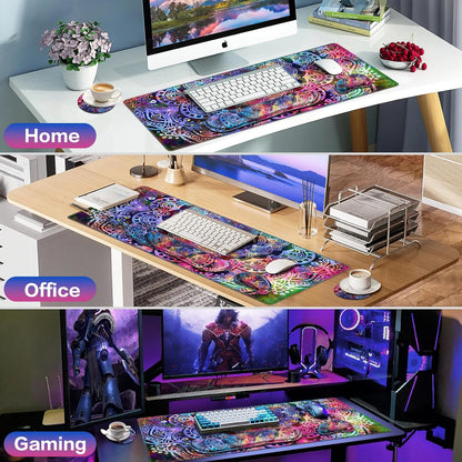 Desk Mat, Large Gaming Mouse Pad with Wrist Rest, 4in1 XXL Mousepad+Keyboard Wrist Rest+Mouse Pad Wrist Support+Cup Coaster Set Ergonomic Floral Computer Desk Arm Wrist for Decor Home Office Women