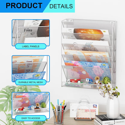 Wall File Organizer Holder Mesh Hanging Paper Document Holder,Vertical 6 Pocket Tier for Office Home, Black