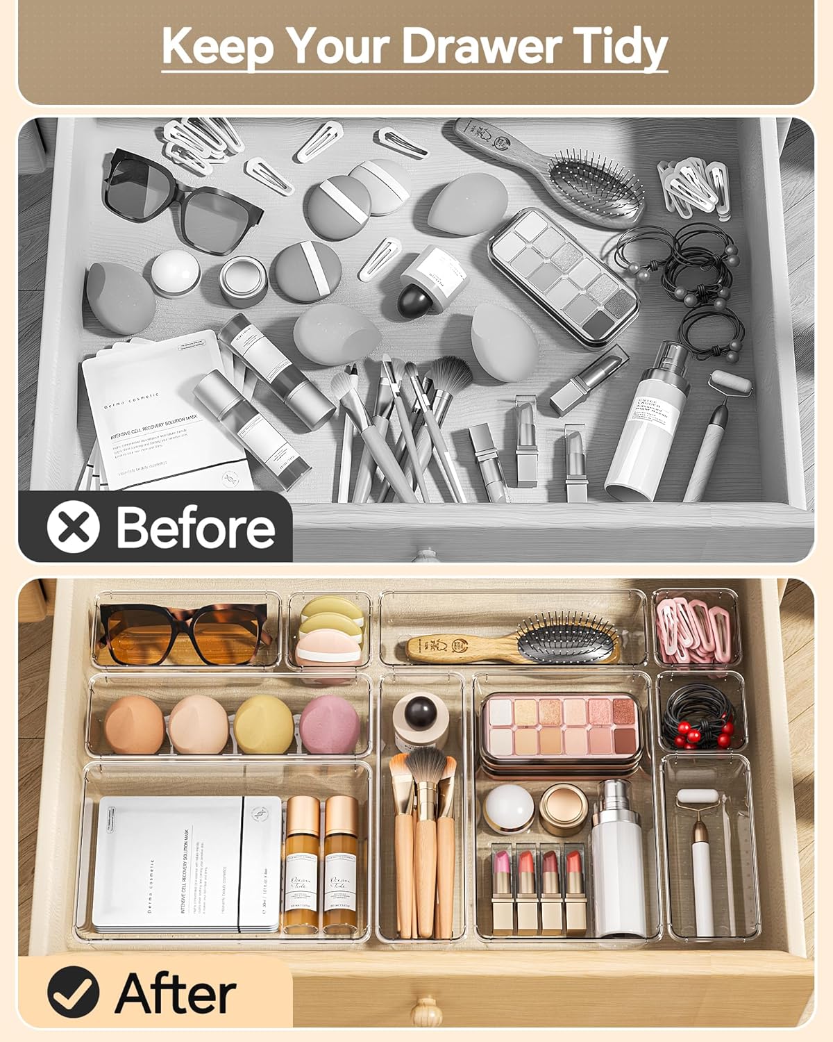 KEMETHY 25 PCS Plastic Drawer Organizers Set, 4 Sizes Vanity Organizer, Makeup and Desk Drawer Organizer Trays, Organization and Storage for Makeup, Bathroom, Kitchen Utensils and Office (Black)
