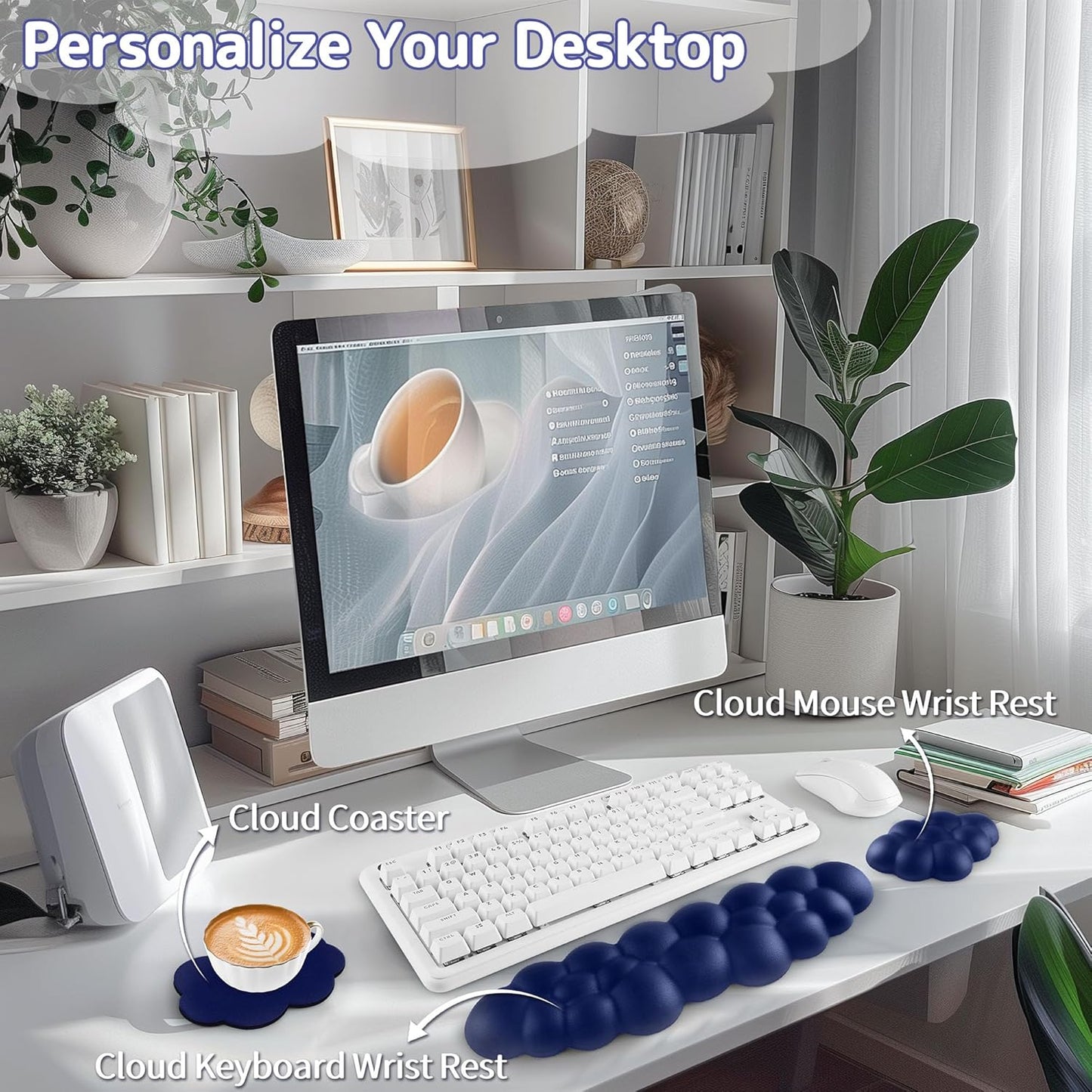 Sushret Cloud Wrist Rest Keyboard, Cloud Keyboard Wrist Pad Set with PU Leather Memory Foam, Cute Arm Rest for Palm Support, PC/Gaming Desk Accessories/Office Setup/Computer Hand Cushion - White