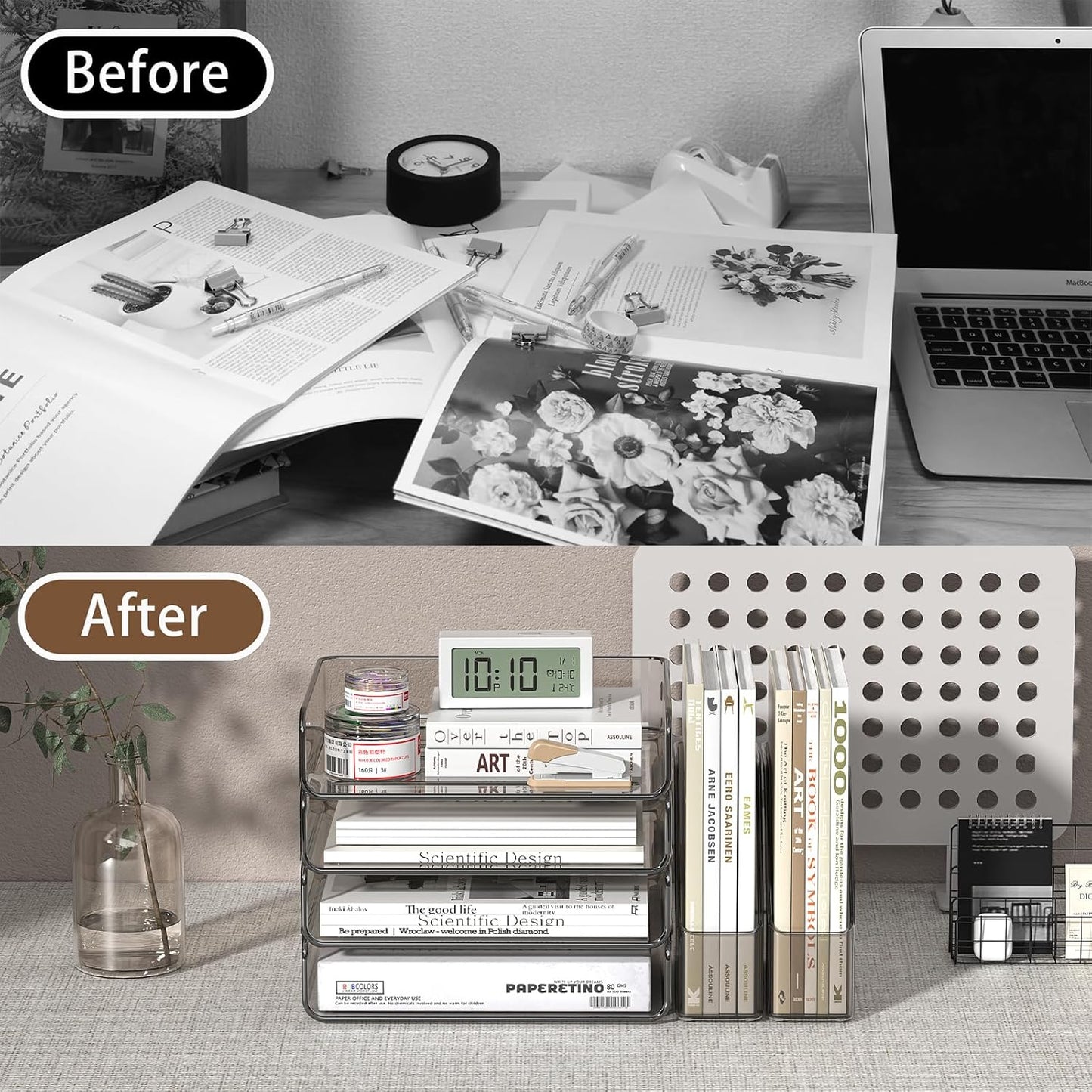 FANXIYQ 4-Tier Horizontal Acrylic Paper Tray Organizer with Bookends | Clear Stackable Desk Organizer for Documents, Letters, A4 Paper | Modern Office/Classroom/Home Organization