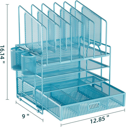 Marbrasse Desk Organizer with Drawer, 4-Tier Mesh File Organizer with 5 Vertical File Holders and 2 Pen Holders, Multifunction Desktop Organizer,Desk Organizers and Accessories for Home Office