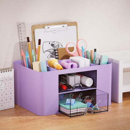 Marbrasse Pen Organizer with 2 Drawer, Multi-Functional Pencil Holder for Desk, Desk Organizers and Accessories with 5 Compartments + Drawer for Office Art Supplies (White)