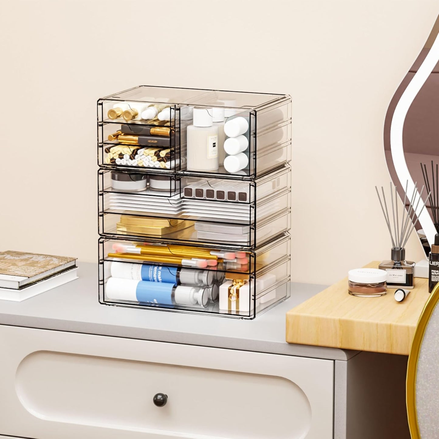 Yieach 2 Pack Acrylic Drawer Organizer With 6 Drawers,Stackable 11.1” Large Clear Storage Drawers and Makeup Organizer For Vanity,Bathroom Countertop,Cabinet,Pantry,Office Supply Storage Bins Drawers
