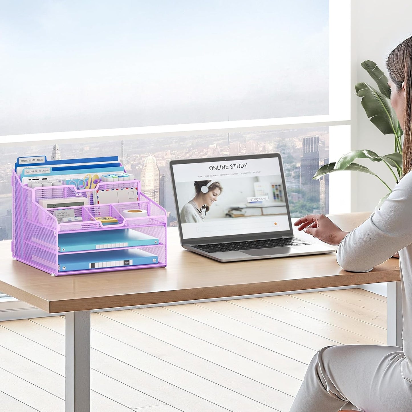 Lavatino Desk Organizer - Metal Mesh with 2 Paper Letter Trays, 7 Flexible Dividers, 2 Vertical File Holders for Office/Home/Classroom Supplies, Desk Organizers and Accessories, Black