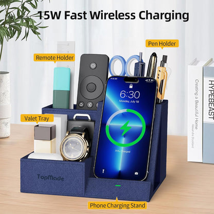 TopMade Wireless Charger with Desk Nightstand Organizer, Leather Pen Pencil Holder Bedside Fast Charging Station, for iphone Charging Stand Office Supplies Desk Accessories, Gifts for Men(Blue)