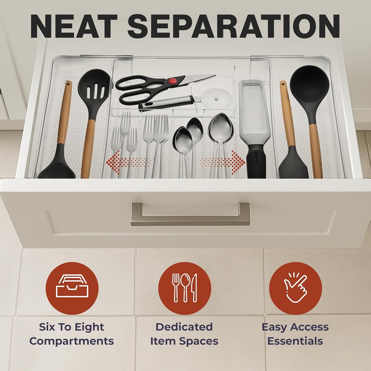 Masirs Expandable Utensil Drawer Organizer - BPA-Free Plastic Clear Silverware Tray with Multiple Compartments - Non-Slip Cutlery Storage for Kitchen, Bathroom, or Office Drawers (Clear)