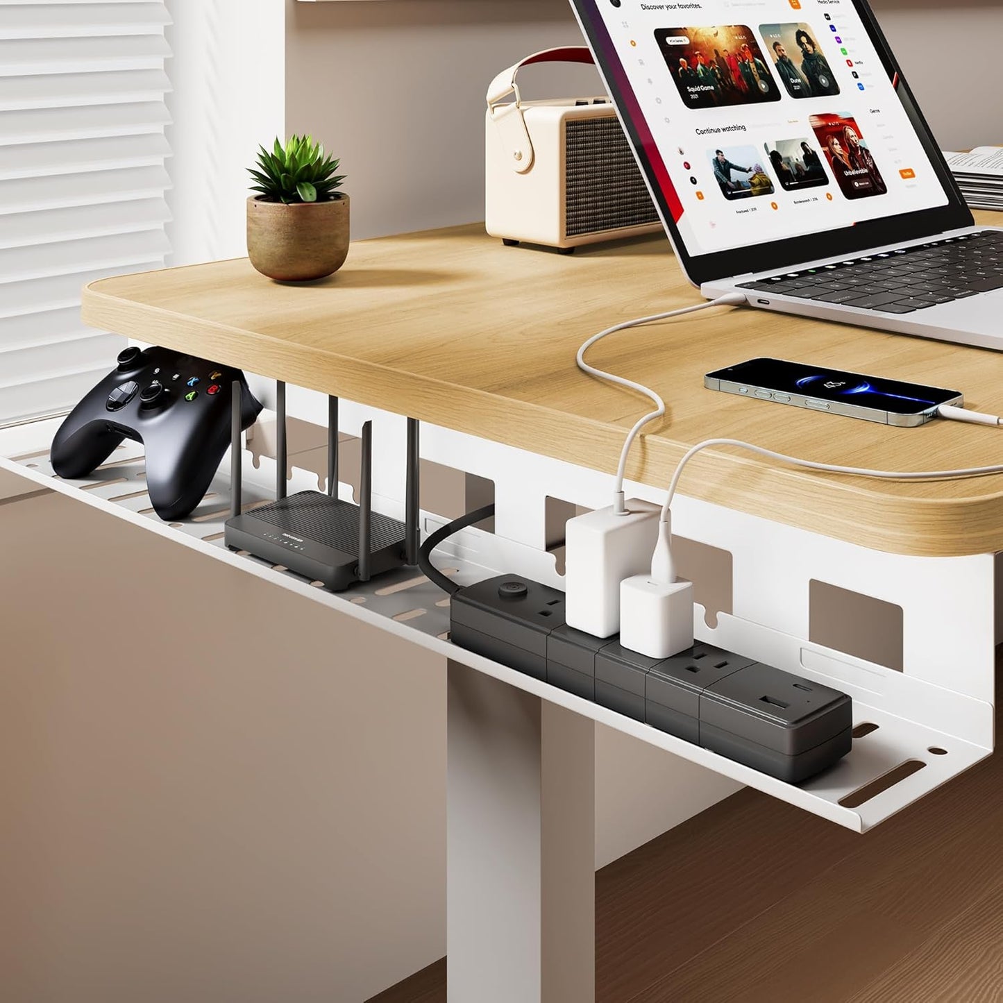 PEGZONE Under Desk Cable Management Tray, 31.5 Inches Metal Cord Organizer Rack, Desk Tray for Power Strip, Cord, Wire, Easy Mounting Cable Management Under Table for Home Office, Black