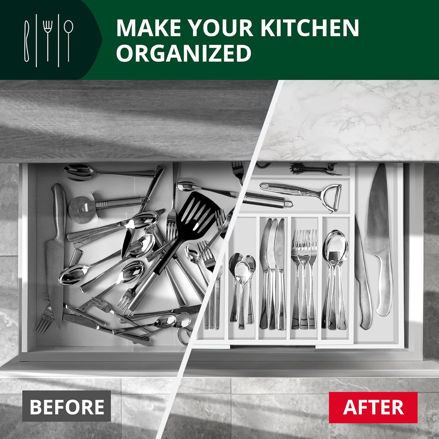 ROYAL CRAFT WOOD Luxury Bamboo Kitchen Drawer Organizer - Silverware Organizer, Utensil Holder & Cutlery Tray Drawer Dividers for Flatware (9 Slot, Natural)