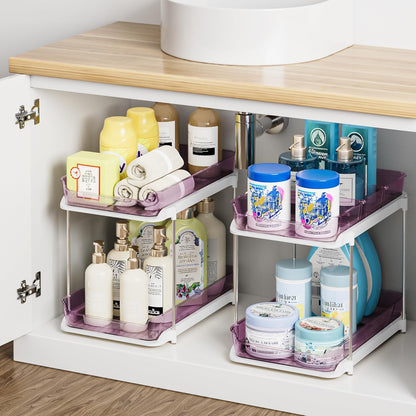 Delamu 2-Tier Multi-Purpose Bathroom Under Sink Organizers and Storage, Stackable Kitchen Pantry Organization, Pull Out Medicine Cabinet Organizer with Movable Dividers, White, 2 Pack