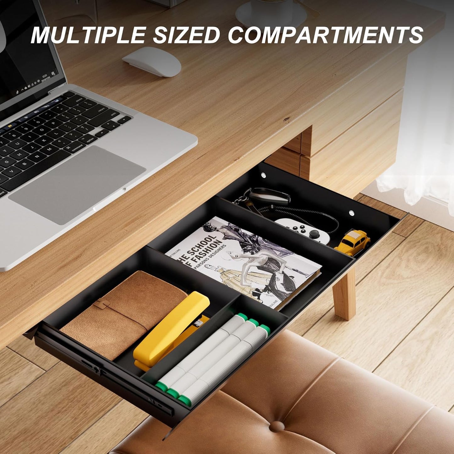 Under Desk Mounted Sliding Drawer with 60 Degree Tilt Panel to Pull Out, 15'' Long & 9'' deep Large Storage Organizer for Sit Stand Workstation