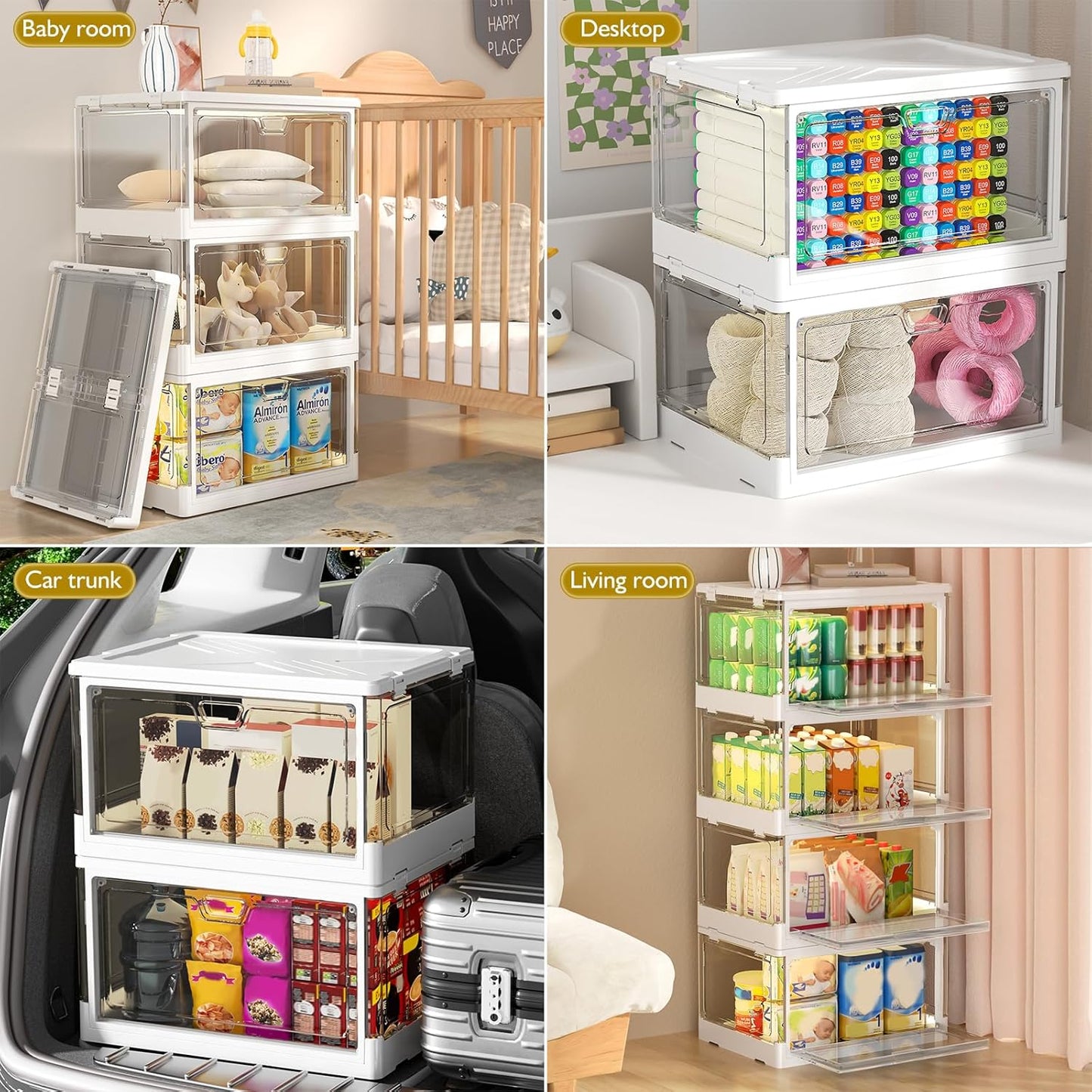 Kmiectse Clear Storage Bins with Lids - 4 Tier Plastic Bins with Wheels, Stackable Storage Bin, Closet Organizers Box for Bedroom, Living Room, 23 QT Folding Box with Magnetic door