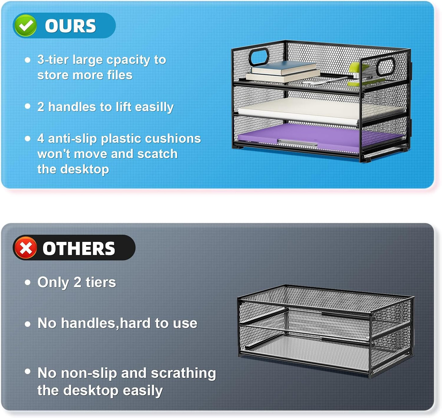 Marbrasse 3 Tier Paper Organizer Letter Tray, Mesh File Organizer with Handle, Paper Sorter Desk Organizer for Home Office Supplies