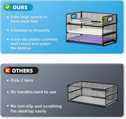 Marbrasse 3 Tier Paper Organizer Letter Tray, Mesh File Organizer with Handle, Paper Sorter Desk Organizer for Home Office Supplies