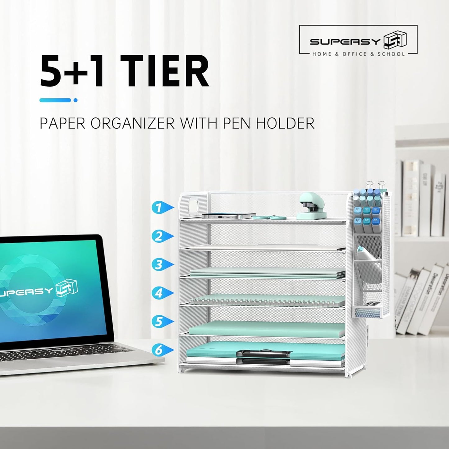 SUPEASY 6 Tier Desk Organizer with 4 Pen Holders, Mesh Paper Organizer Letter Tray with Handle, Desk Organizer Tray File Organizer for A4 File Folder, Black