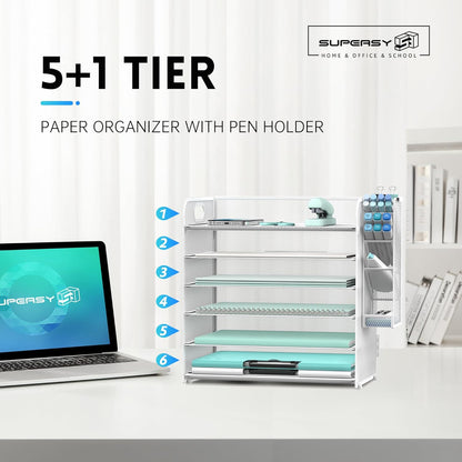 SUPEASY 6 Tier Desk Organizer with 4 Pen Holders, Mesh Paper Organizer Letter Tray with Handle, Desk Organizer Tray File Organizer for A4 File Folder, Black
