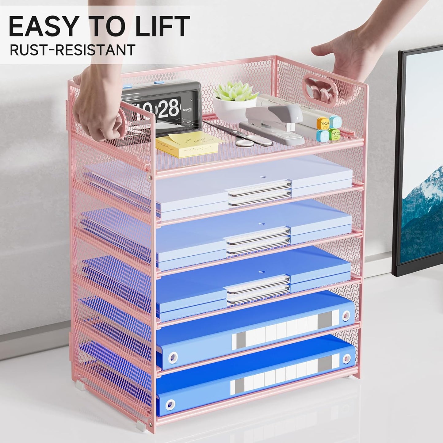 Paper Organizer Letter Tray with Handle, 5-Tier Black Stackable Desk Organizer with Metal Mesh, Sturdy Paper Tray for Office Desk, Home & Classroom Supplies Storage