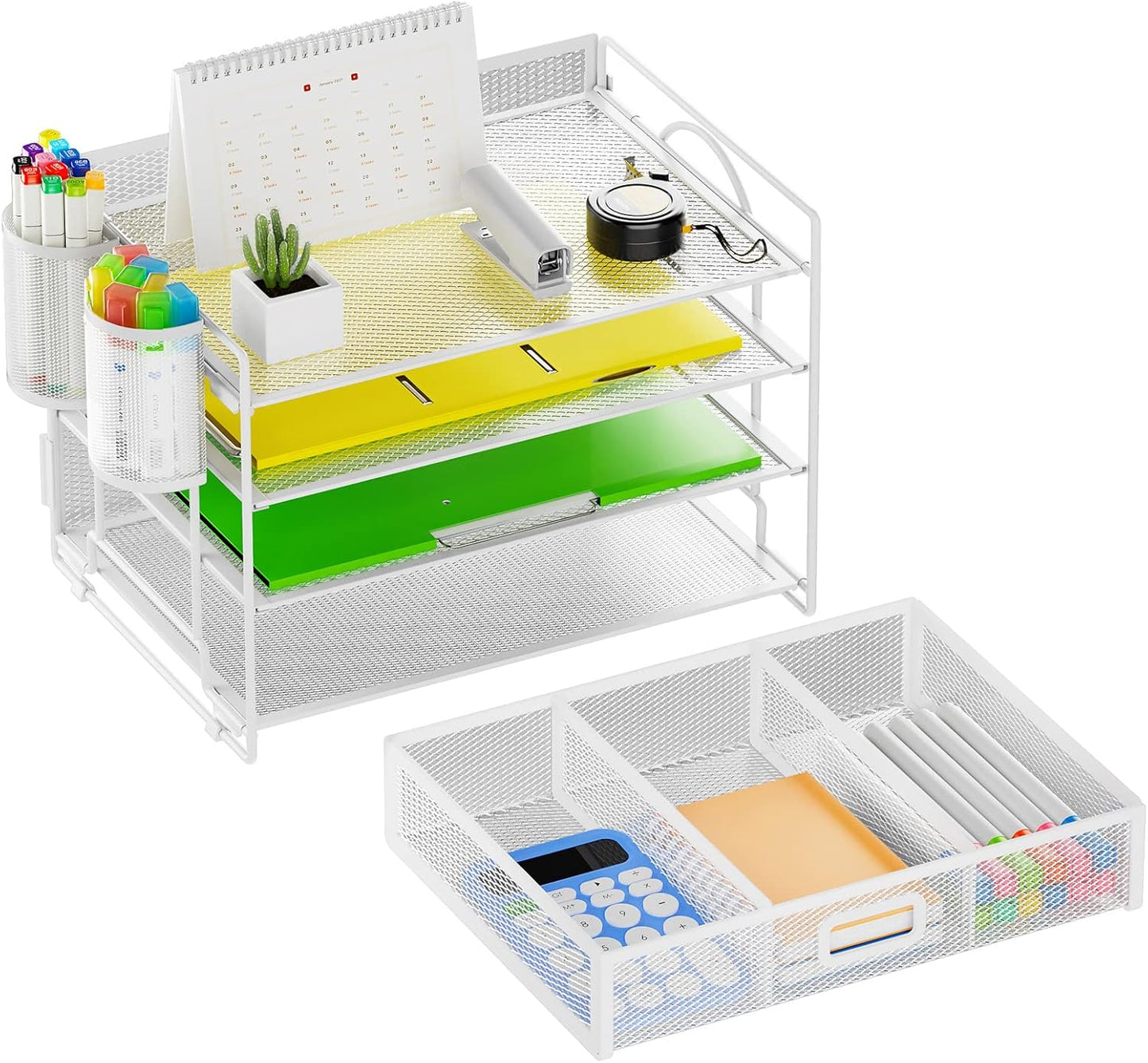 Marbrasse Desk Organizer and Accessories，4-Tier Paper Letter Tray Organizer with File Holder，Desk Accessories & Workspace Desktop Organizers for School Home Office Supplies (Blue)