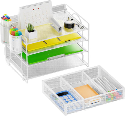 Marbrasse Desk Organizer and Accessories，4-Tier Paper Letter Tray Organizer with File Holder，Desk Accessories & Workspace Desktop Organizers for School Home Office Supplies (Blue)