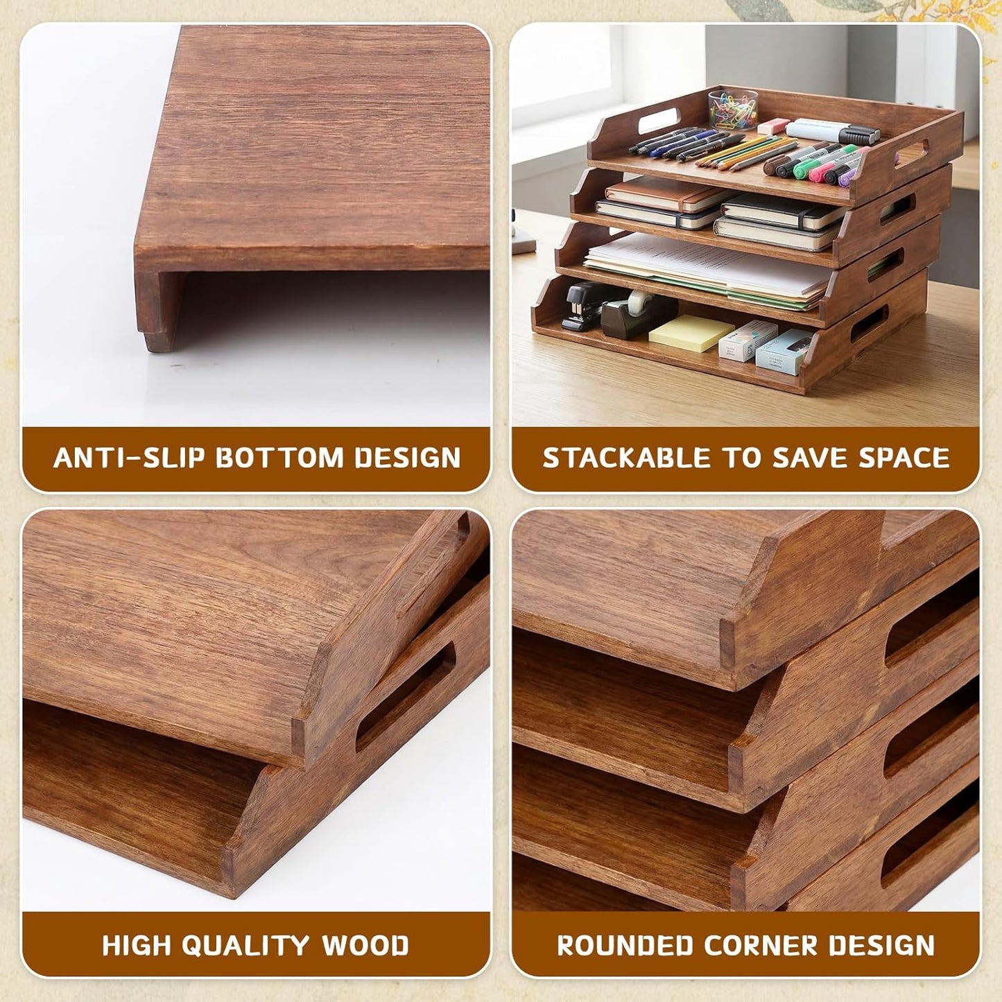 AceOrbit 6 Pcs Stackable Paper Tray Bamboo Wood Desk Organizer Letter Tray 6 Tier Wooden File Organizer Desk Shelf for Documents, Letter Sorter, Envelopes and Magazine Holder