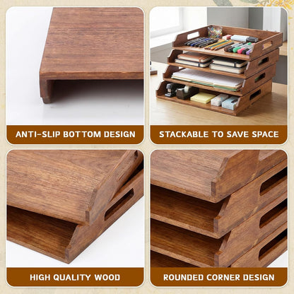 AceOrbit 6 Pcs Stackable Paper Tray Bamboo Wood Desk Organizer Letter Tray 6 Tier Wooden File Organizer Desk Shelf for Documents, Letter Sorter, Envelopes and Magazine Holder