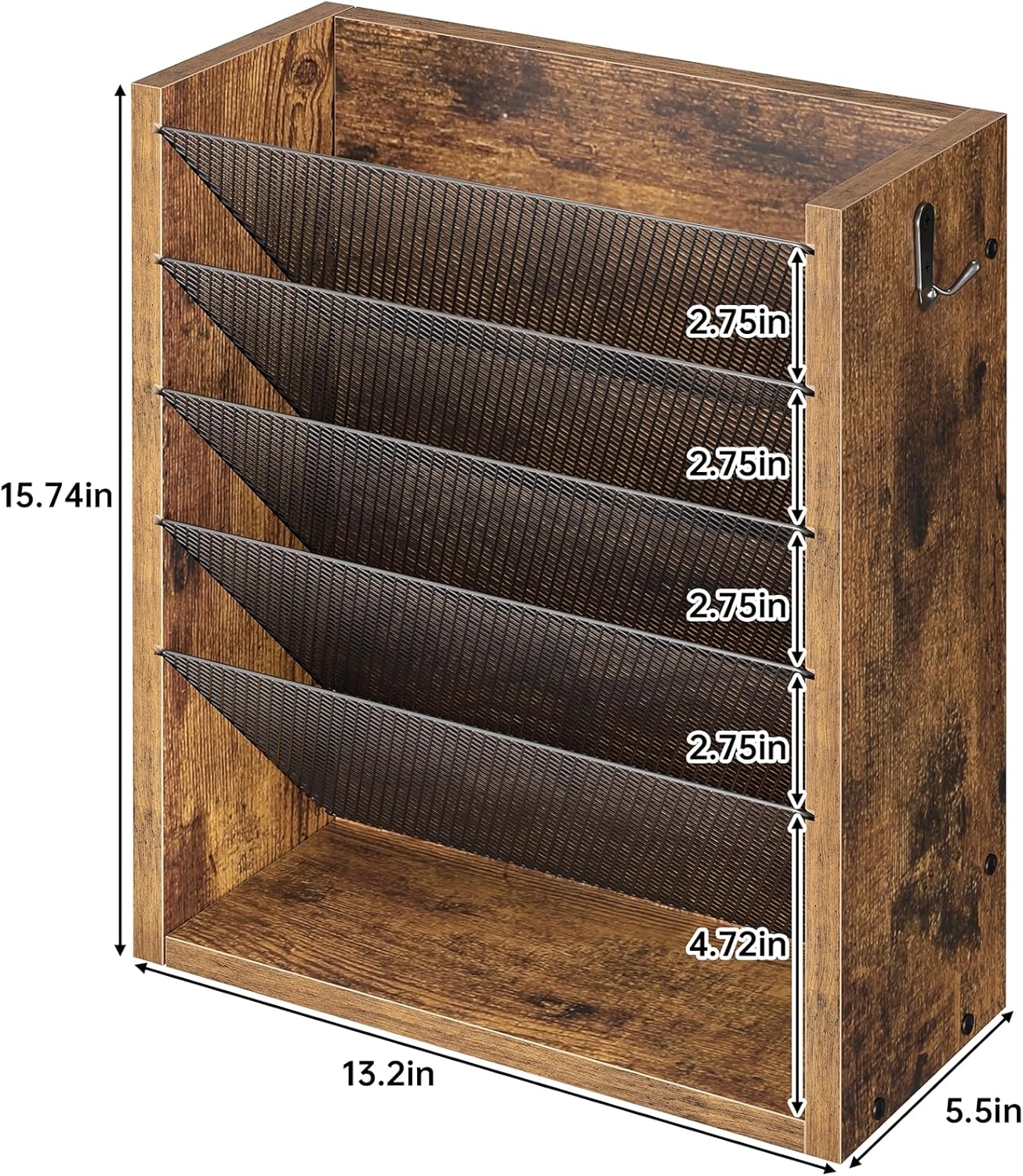 Creso hom Mail Organizer Wall Mounted, 6-Tier Wall File Organizer with 2 Hooks, Wooden Desk Organizer Magazine Holder with Bottom Flat Tray, for Office Home, Rustic Brown