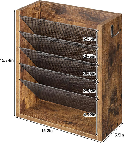 Creso hom Mail Organizer Wall Mounted, 6-Tier Wall File Organizer with 2 Hooks, Wooden Desk Organizer Magazine Holder with Bottom Flat Tray, for Office Home, Rustic Brown