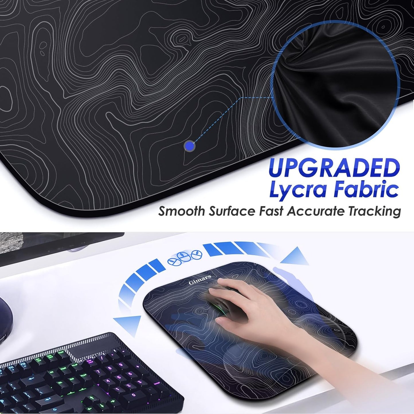 Gimars Elongate Smooth Lycra Fabric Ergonomic Mouse Pad Wrist Support, Gel Memory Foam Cushion Set Keyboard Wrist Rest Support, Pain Relieve for Computer, Laptop, Office, School, Home, Gaming, Black
