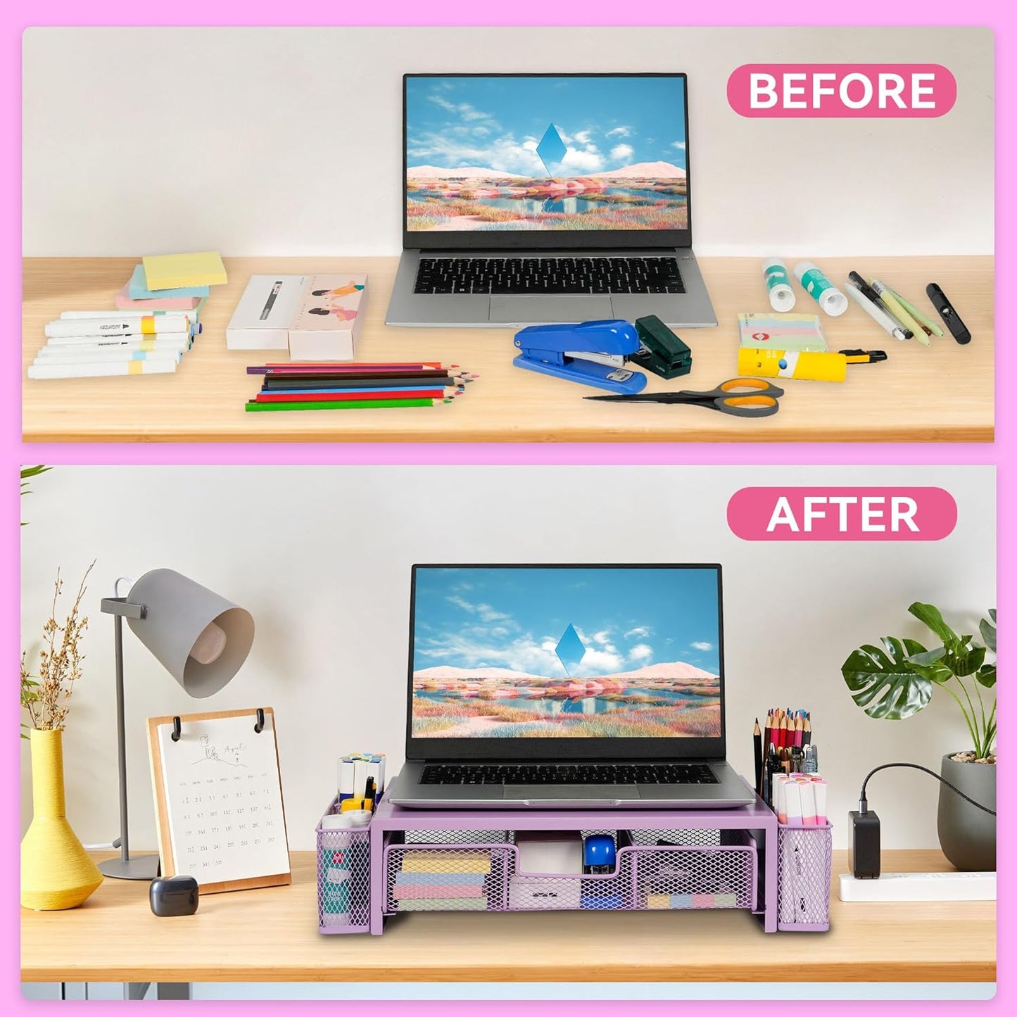 Qupui Computer Monitor Stand Riser with Drawer and Pen Holders, Desk Organizer Shelf and Accessories, Office Desk Accessories, Office Organization, Black