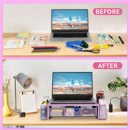 Qupui Computer Monitor Stand Riser with Drawer and Pen Holders, Desk Organizer Shelf and Accessories, Office Desk Accessories, Office Organization, Black