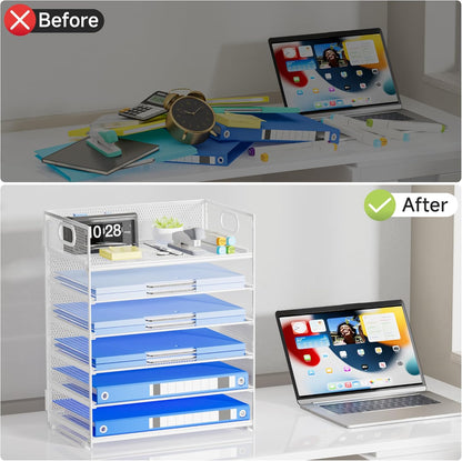 Paper Organizer Letter Tray with Handle, 5-Tier Black Stackable Desk Organizer with Metal Mesh, Sturdy Paper Tray for Office Desk, Home & Classroom Supplies Storage