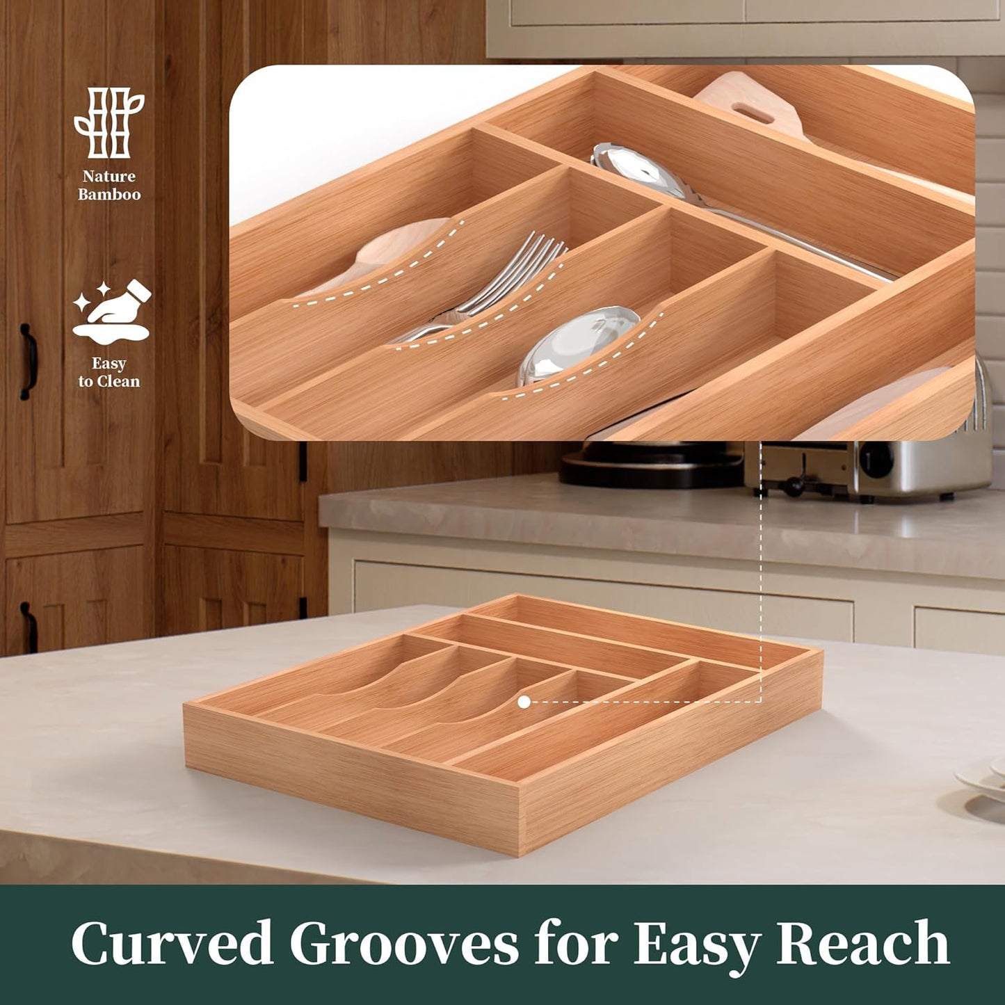 Small Silverware Organizer, Bamboo Kitchen Drawer Organizer, Utensil Holder, Cutlery Tray & Spoon Flatware Storage with Grooved Drawer Dividers (6.7''W x 12''D)