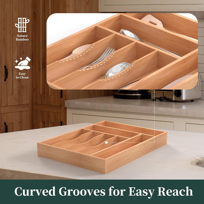 Small Silverware Organizer, Bamboo Kitchen Drawer Organizer, Utensil Holder, Cutlery Tray & Spoon Flatware Storage with Grooved Drawer Dividers (6.7''W x 12''D)