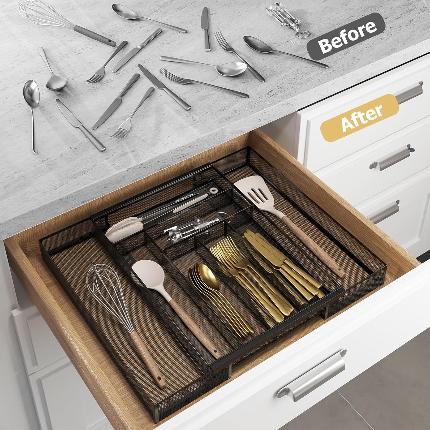Sedegn Silverware Organizer Metal Mesh, Small Drawer Organizer, Utensil Cutlery Tray for kitchen drawers, Flatware Organizer with 5 Compartment, Black(9.3"*12.6")