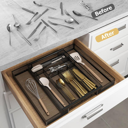 Sedegn Silverware Organizer Metal Mesh, Small Drawer Organizer, Utensil Cutlery Tray for kitchen drawers, Flatware Organizer with 5 Compartment, Black(9.3"*12.6")