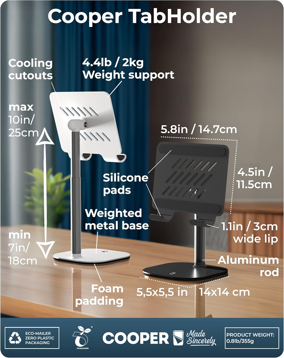 COOPER TabHolder, 7-10" Height Adjustable Tablet Stand, Premium iPad Stand for Desk, 270° Tilt iPad Holder for Desk, Tablet Holder, 15.6-17" Portable Monitor Support (Black)