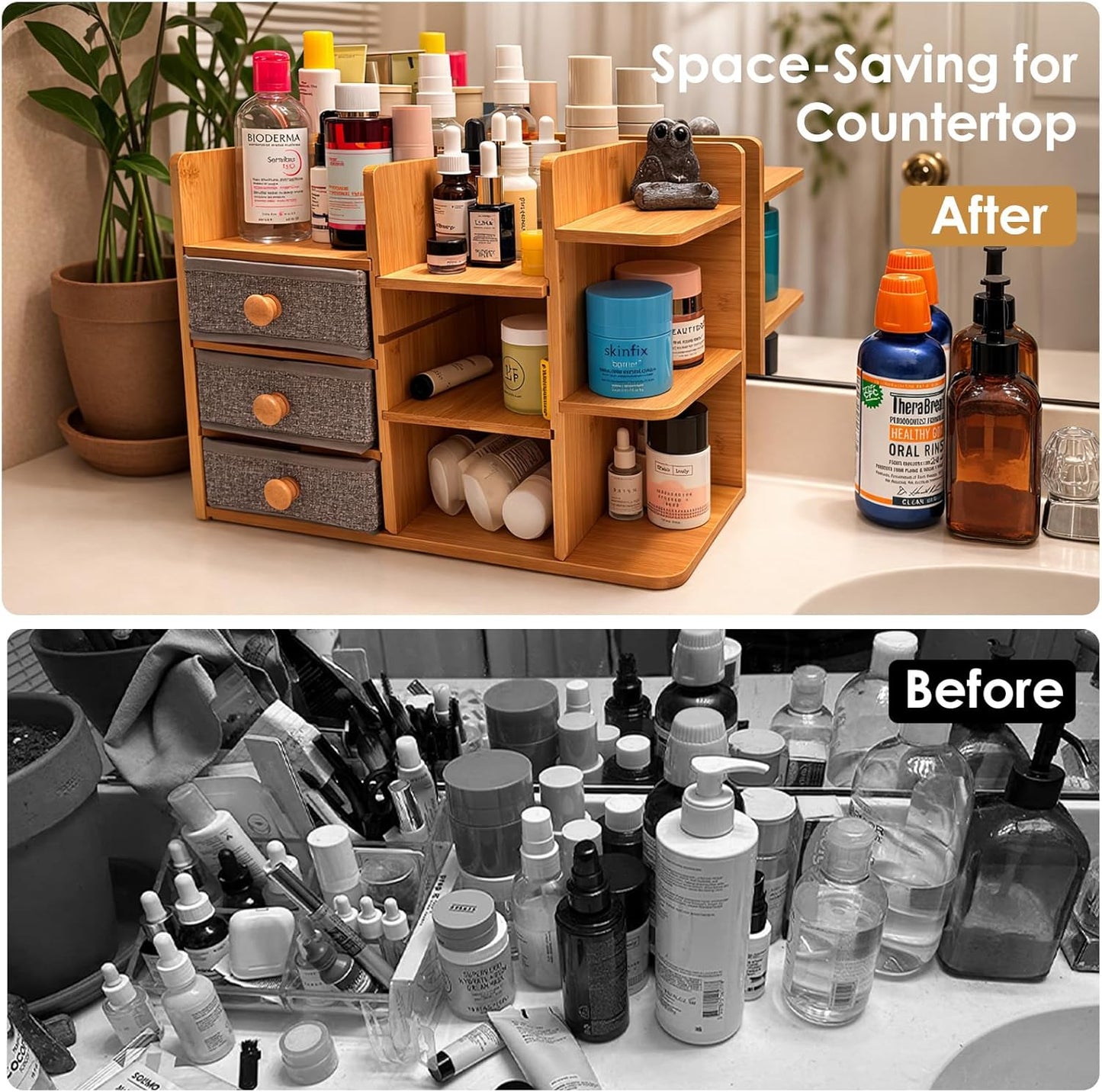 Large Makeup Organizer For Vanity, Large Capacity 3 Tiers Bamboo Bathroom Counter Organizers and Storage, Countertop Makeup Brush Holder, Nail Polish Perfume Stand with 3 Drawers and 10 Compartments