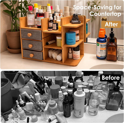 Large Makeup Organizer For Vanity, Large Capacity 3 Tiers Bamboo Bathroom Counter Organizers and Storage, Countertop Makeup Brush Holder, Nail Polish Perfume Stand with 3 Drawers and 10 Compartments