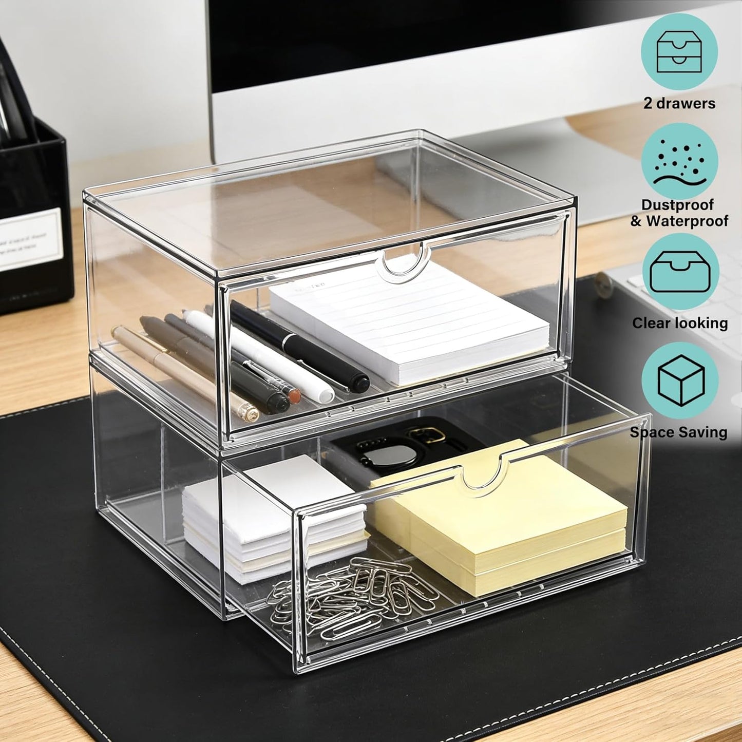 Prsildan Acrylic Makeup Organizer, 2 Pack Stackable Storage Drawers with 6 Drawers for Office Desk Vanity Craft Room Clear Drawer Organizers for Hair Accessories Art Supplies Cosmetics Modular System