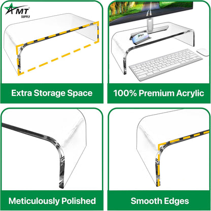 AMT Acrylic Laptop Monitor Stand & Computer Riser with Cat Keyboard Protector, Space-Saving Design, Extra Storage, Clear Shelf - Ideal for Monitors, Laptops, Printers, Desktop Decor