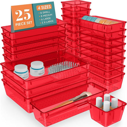 WOWBOX 25 PCS Clear Plastic Drawer Organizer Set, 4 Sizes Desk Drawer Divider Organizers and Storage Bins for Makeup, Jewelry, Gadgets for Kitchen, Bedroom, Bathroom, Office