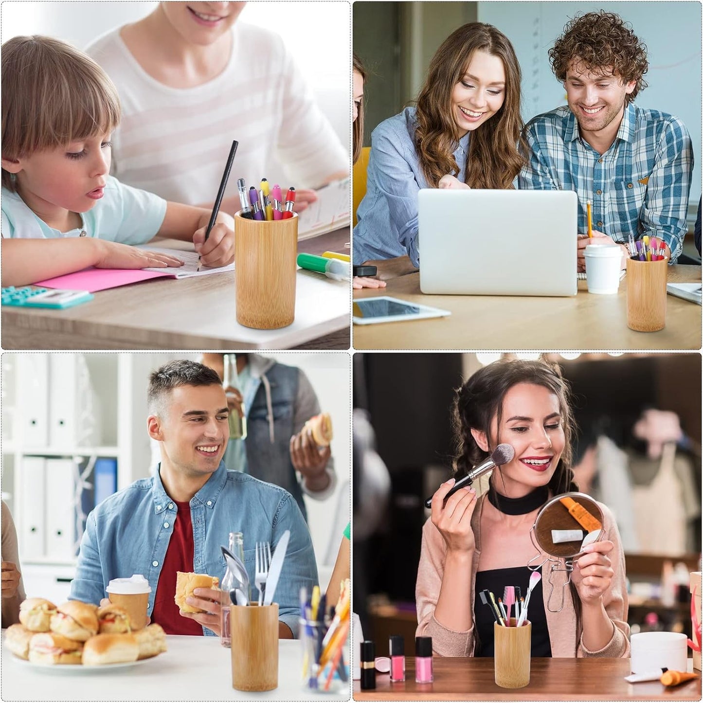 Zhehao 6 Pcs Bamboo Pen Holder Solid Wood Desk Pen Pencil Holder Stand Wooden Pencil Organizer for Desk Multi Purpose Use Cylindrical Cup Organizer for Home School Office Supplies