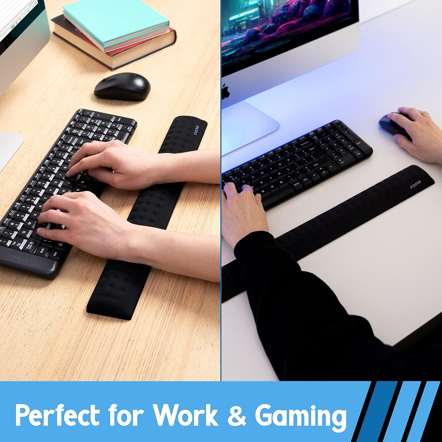 i-Rocks Memory Foam Keyboard Wrist Rest - Pain-Reducing Wrist Rest for Computer Keyboard - Non-Slip Rubber Base Wrist Rest - Cooling Keyboard Pad for Long Hours of Work, Studying, Gaming
